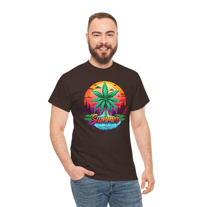 Summer Cannabis Leaf T-Shirt – Retro Tropical Sunset Tee Both