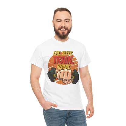 Fitness Motivational Unisex Heavy Cotton Tee - Eat Sleep Train Repeat