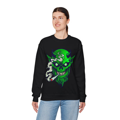 Smoking Green Demon Skull Sweatshirt — Creepy Stoner Graphic