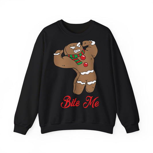 Funny Gingerbread Crewneck Sweatshirt - "Bite Me" Holiday Sweatshirt Black