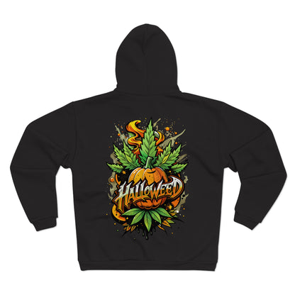 Halloween Pumpkin Graphic Zip Hoodie  — 'Halloween' Pumpkin & Leaves Illustration