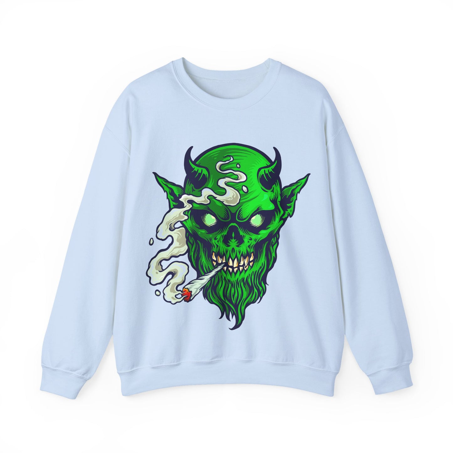 Smoking Green Demon Skull Sweatshirt — Creepy Stoner Graphic