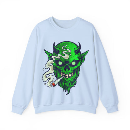 Smoking Green Demon Skull Sweatshirt — Creepy Stoner Graphic