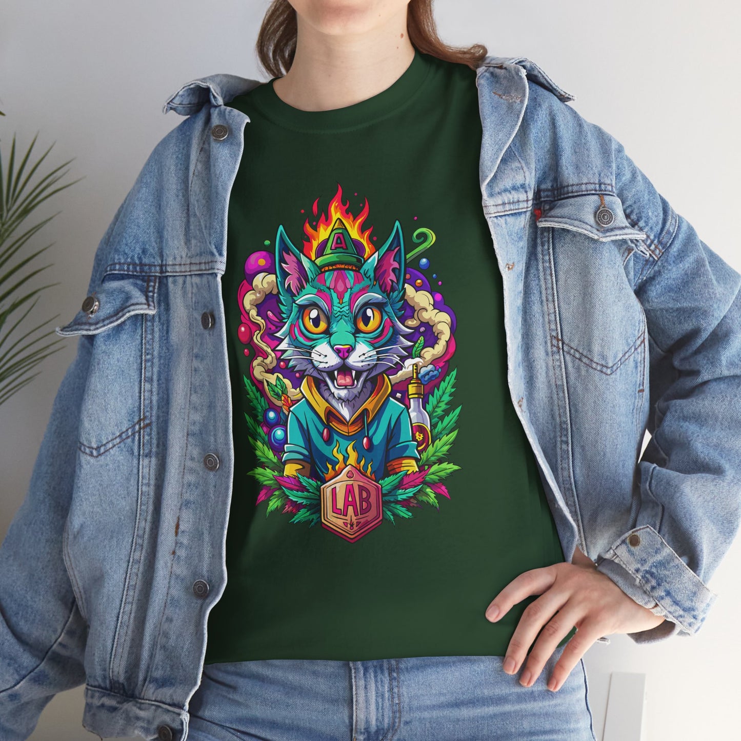 Psychedelic Flame Cat Graphic Tee — Colorful Trippy Cat Design