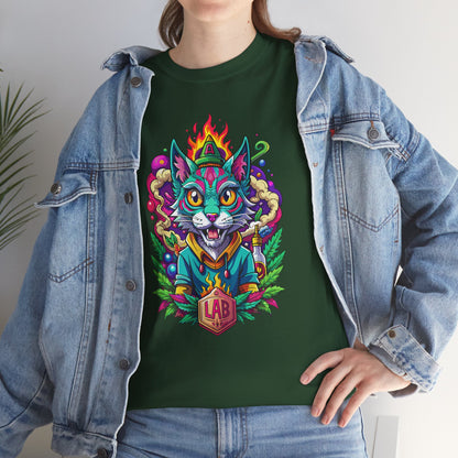 Psychedelic Flame Cat Graphic Tee — Colorful Trippy Cat Design