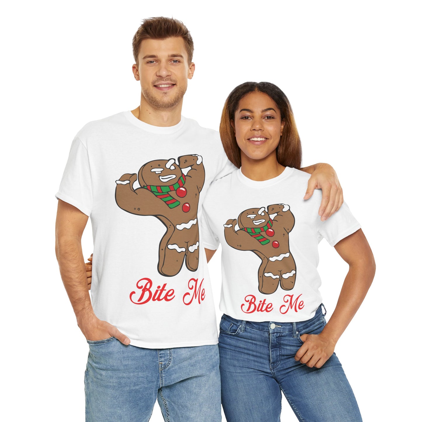 Funny Gingerbread Man Christmas T-Shirt - "Bite Me" Holiday Tee White
