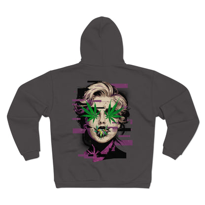 Vintage Portrait Zip Hoodie — Glitch Art Face with Cannabis Leaf Mask