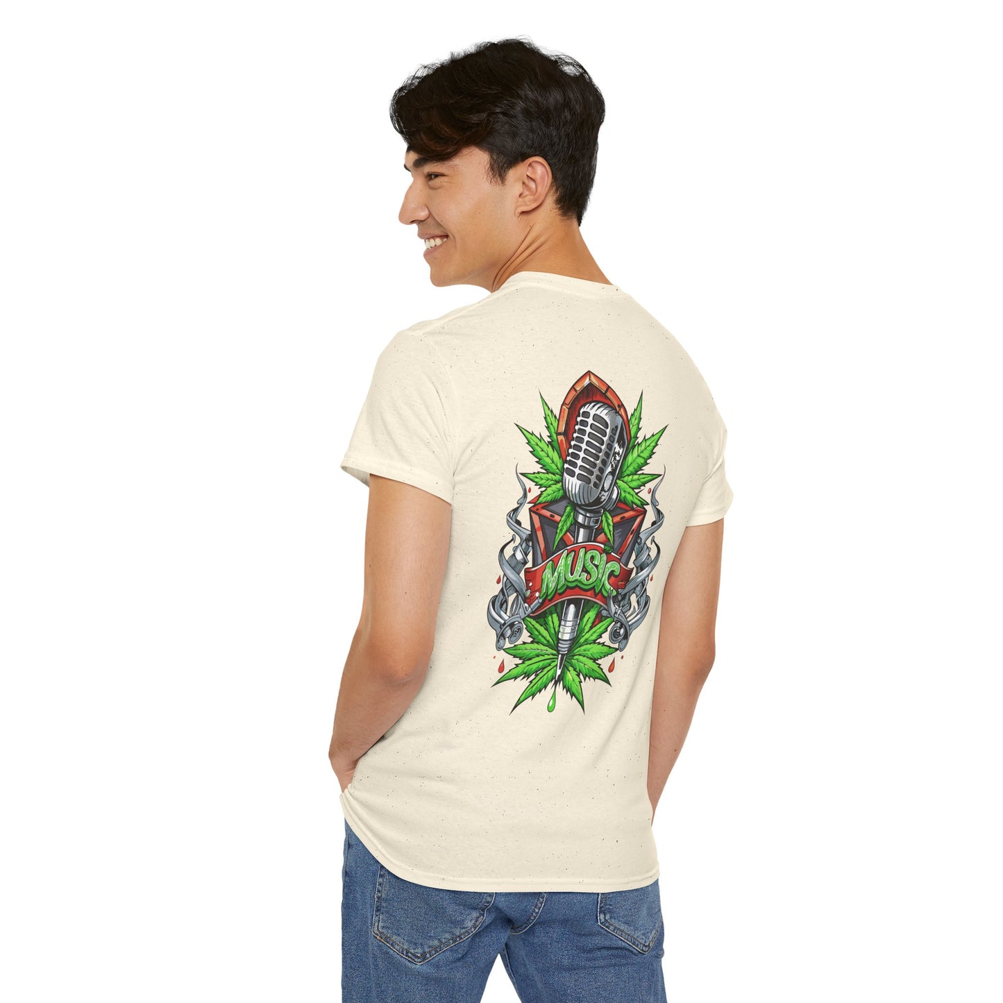 Music Microphone Tee — Retro Mic & Leaf Graphic T-Shirt