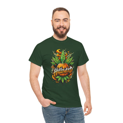 Hallowed Harvest Tee — Halloween Mask & Pumpkin Graphic T-Shirt