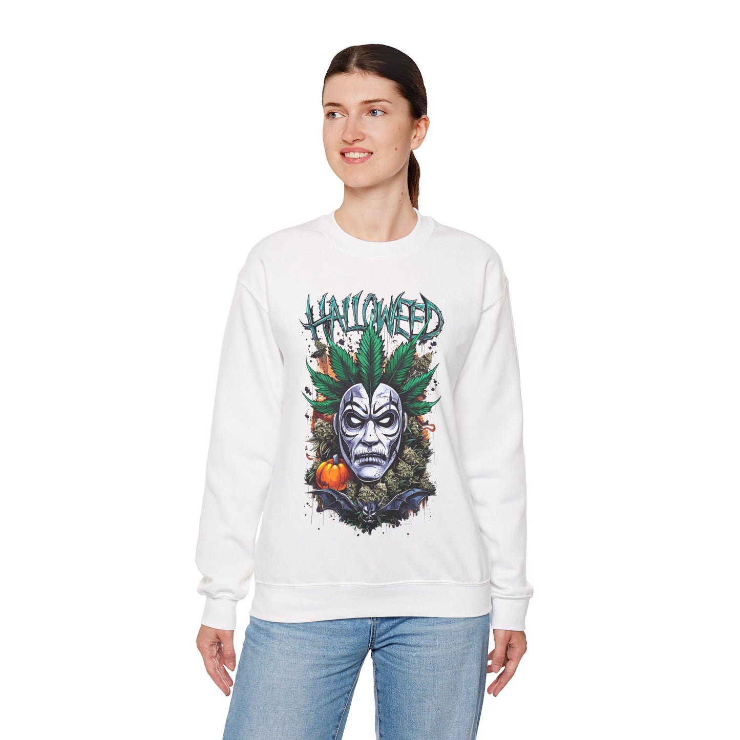 Hallowed Harvest — Halloween Mask & Pumpkin Graphic Sweatshirt