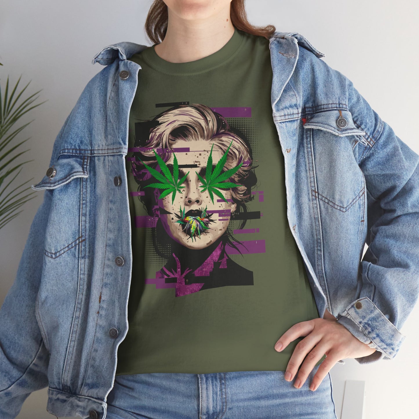 Vintage Portrait Tee — Glitch Art Face with Cannabis Leaf Mask