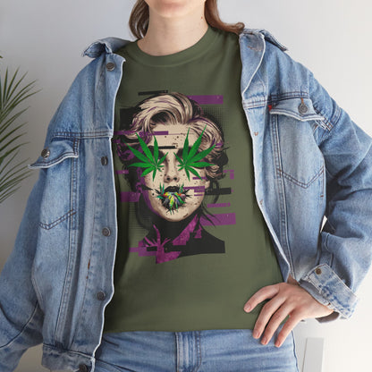 Vintage Portrait Tee — Glitch Art Face with Cannabis Leaf Mask