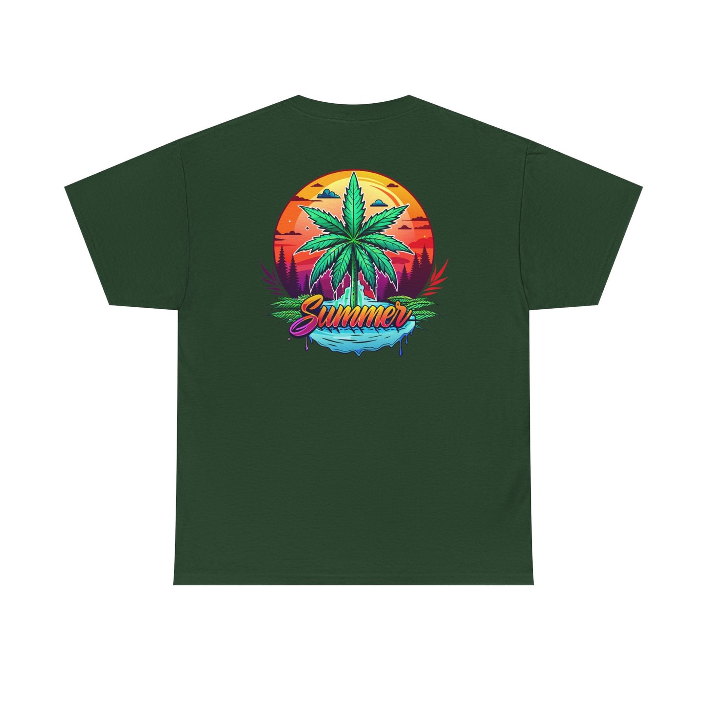 Summer Cannabis Leaf T-Shirt – Retro Tropical Sunset Tee Both