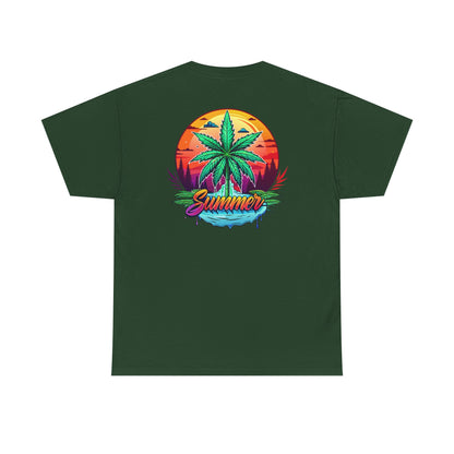 Summer Cannabis Leaf T-Shirt – Retro Tropical Sunset Tee Both