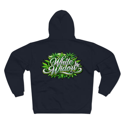White Widow Graphic Zip Hoodie — Cannabis Leaf Logo Zip Hoodie