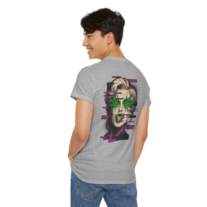 Vintage Portrait Tee — Glitch Art Face with Cannabis Leaf Mask