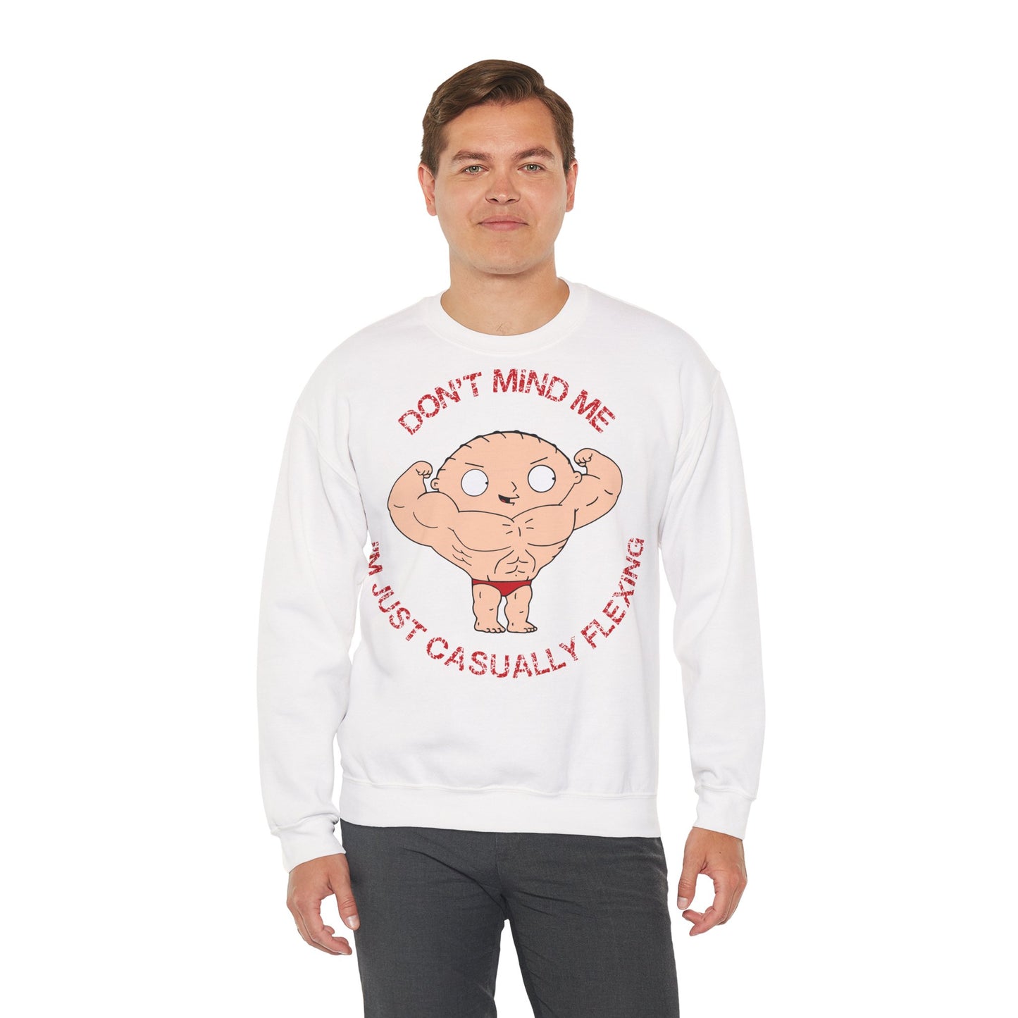 Funny Casual MuscleSweatshirt - "Don’t Mind Me, I’m Just Casually Flexing" Unisex Heavy Blend™ Crewneck Sweatshirt White