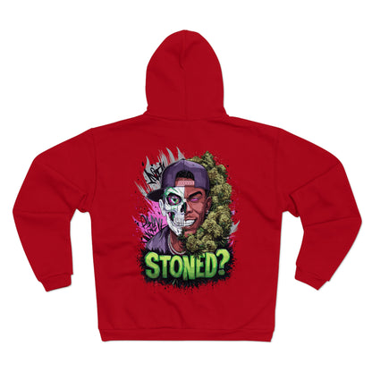 Zip Hoodie — 'Stoned?' Skull Face Graphic Zip for Cannabis Lovers