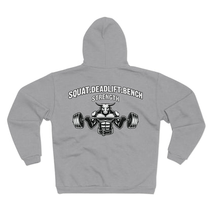 Strength Training Unisex Hooded Zip Sweatshirt - Squat, Deadlift, Bench Design