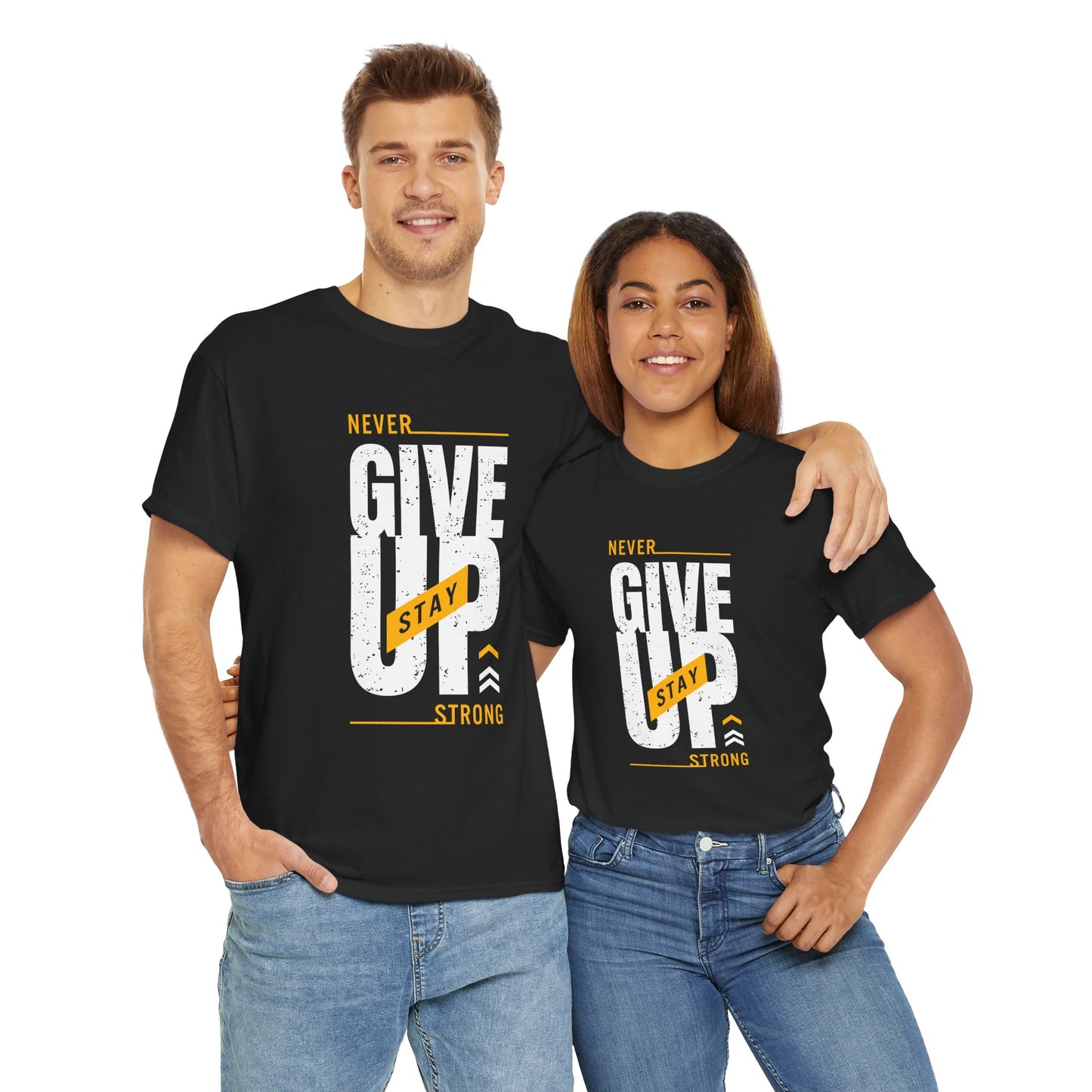 Motivational Unisex Heavy Cotton Tee - "Never Give Up, Stay Strong"