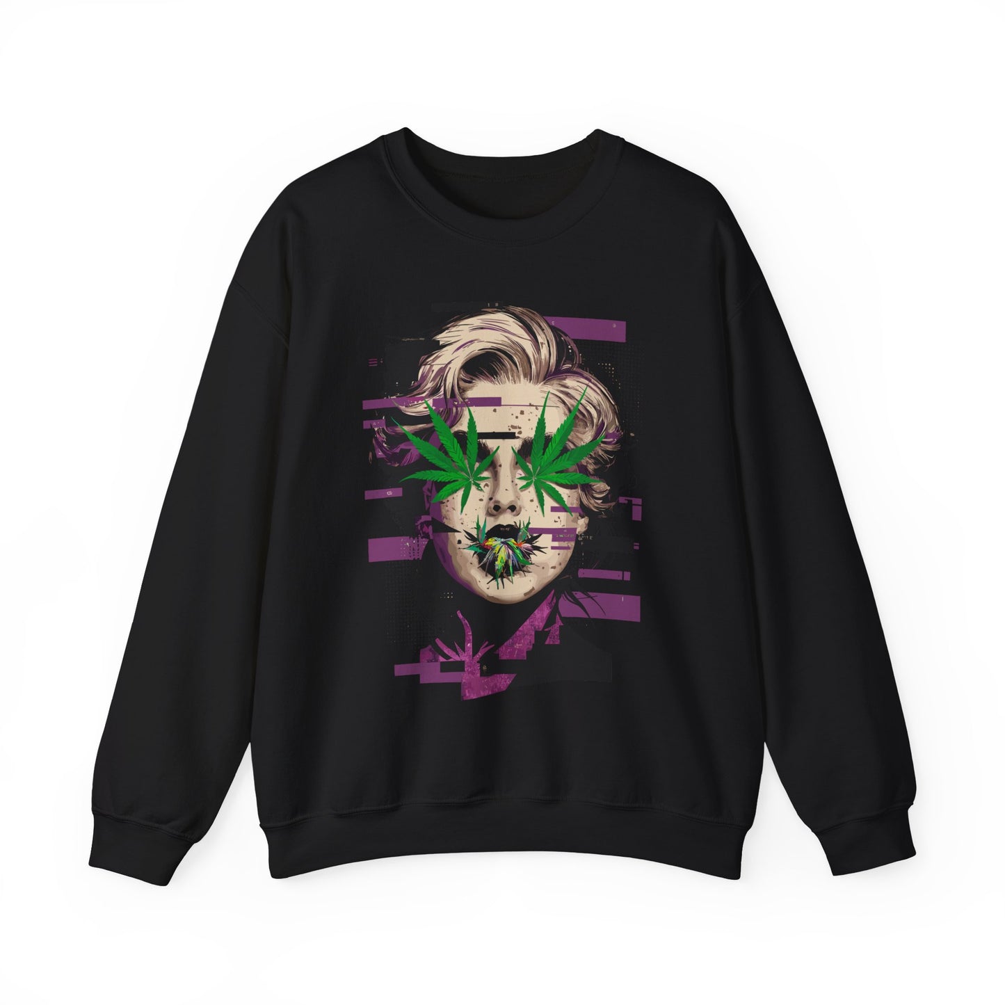 Vintage Portrait Sweatshirt — Glitch Art Face with Cannabis Leaf Mask