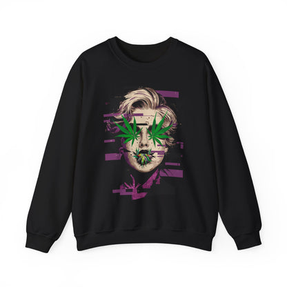 Vintage Portrait Sweatshirt — Glitch Art Face with Cannabis Leaf Mask