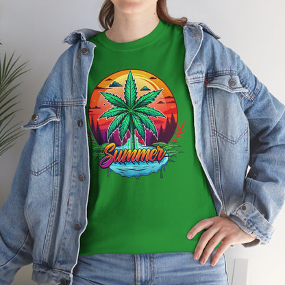 Summer Cannabis Leaf T-Shirt – Retro Tropical Sunset Tee