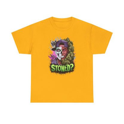 T-Shirt — 'Stoned?' Skull Face Graphic Tee for Cannabis Lovers