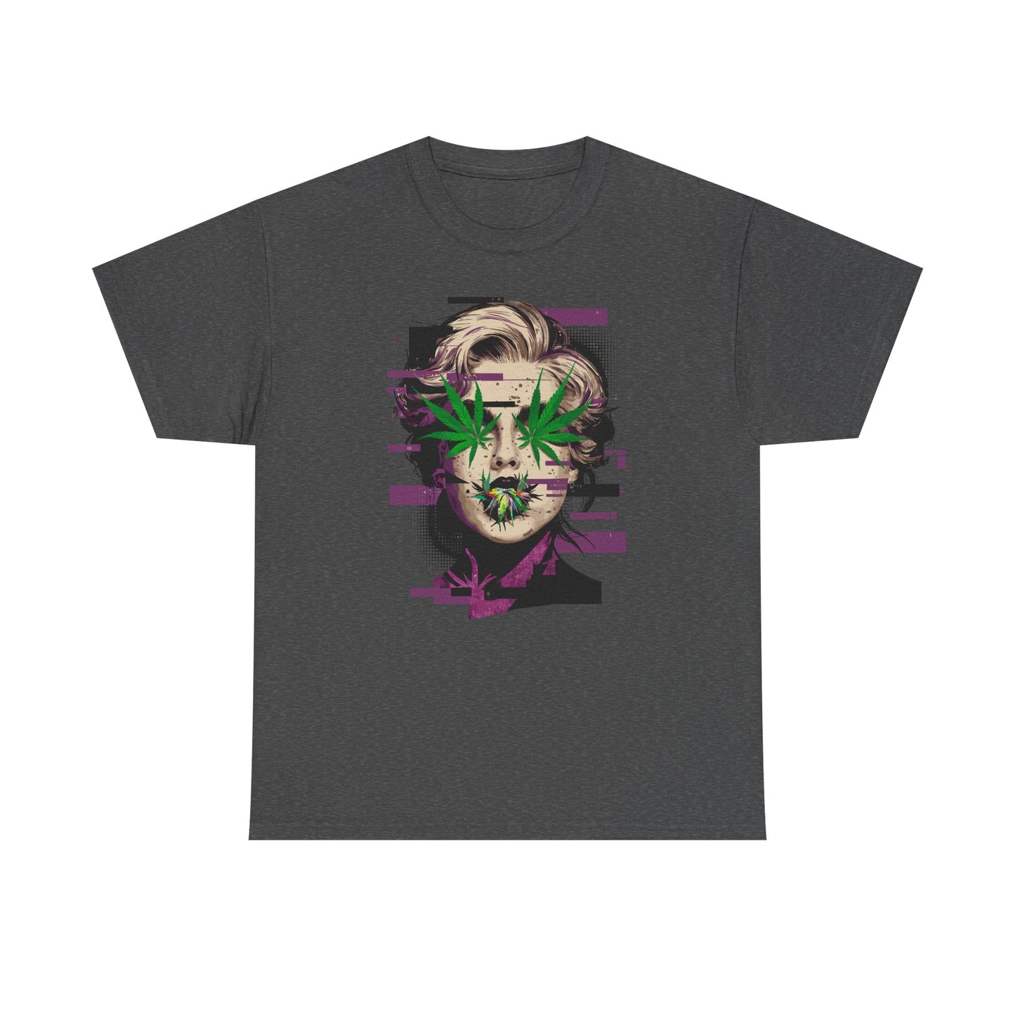 Vintage Portrait Tee — Glitch Art Face with Cannabis Leaf Mask
