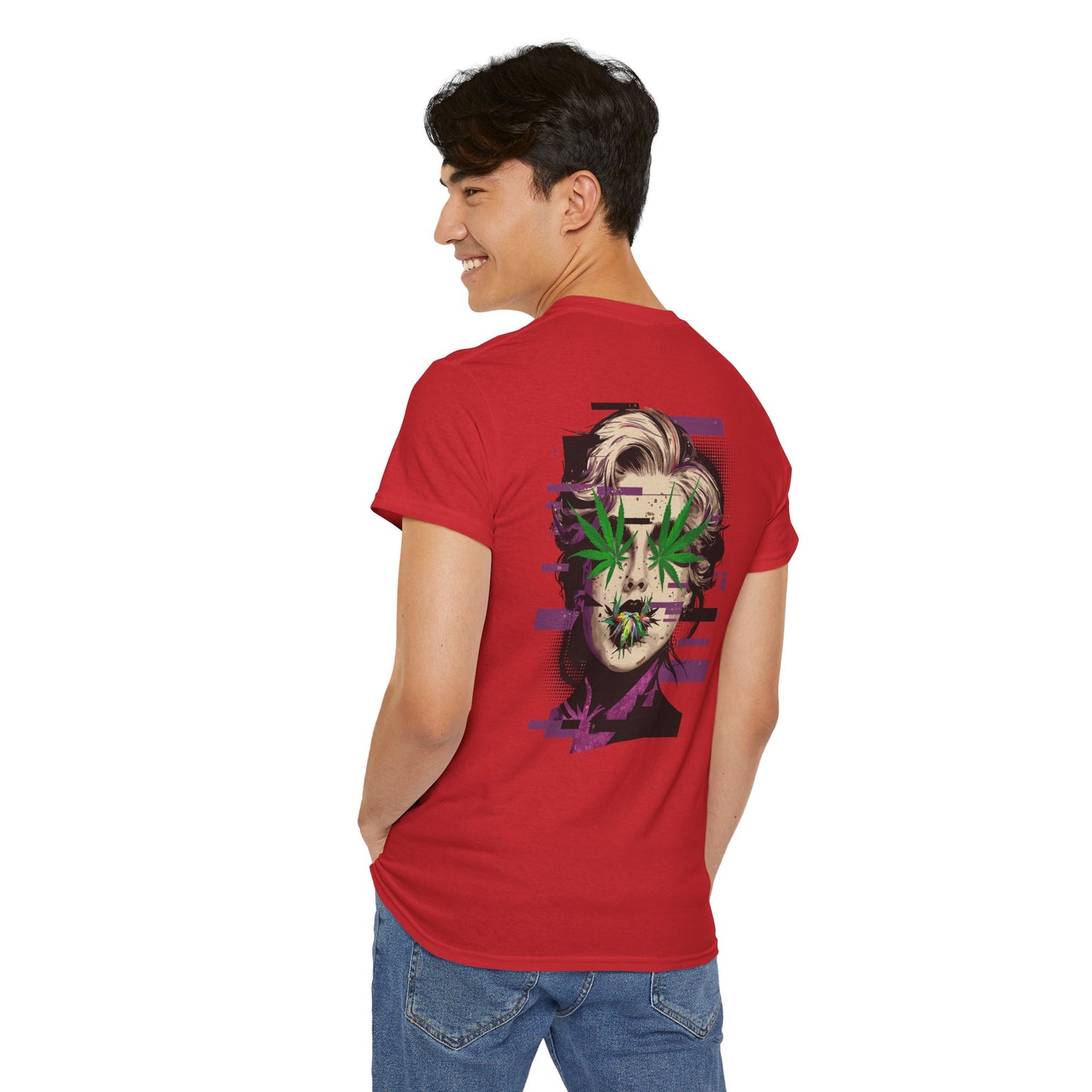 Vintage Portrait Tee — Glitch Art Face with Cannabis Leaf Mask