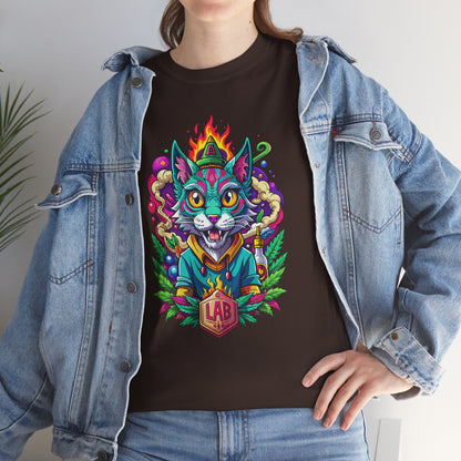 Psychedelic Flame Cat Graphic Tee — Colorful Trippy Cat Design