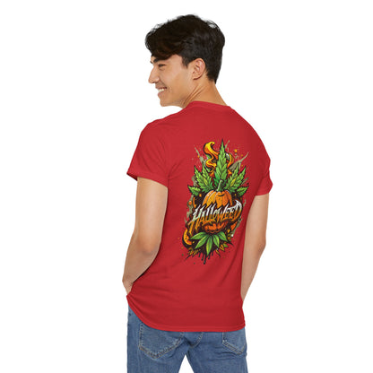 Hallowed Harvest Tee — Halloween Mask & Pumpkin Graphic T-Shirt