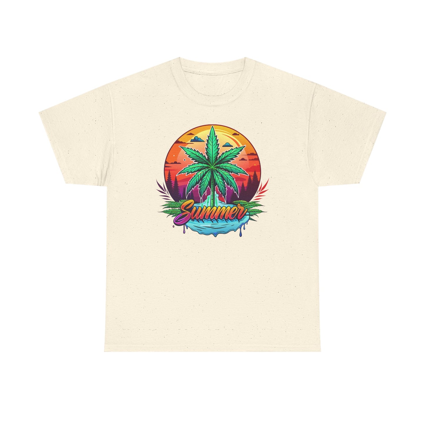 Summer Cannabis Leaf T-Shirt – Retro Tropical Sunset Tee Both