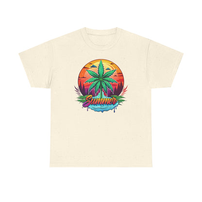 Summer Cannabis Leaf T-Shirt – Retro Tropical Sunset Tee Both