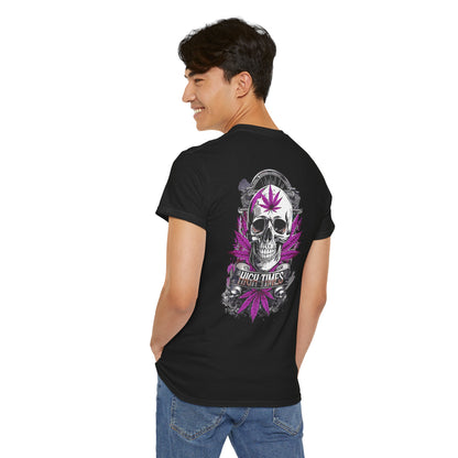 Skull & Purple Cannabis Leaf Tee - "High Times" Graphic T-Shirt Both