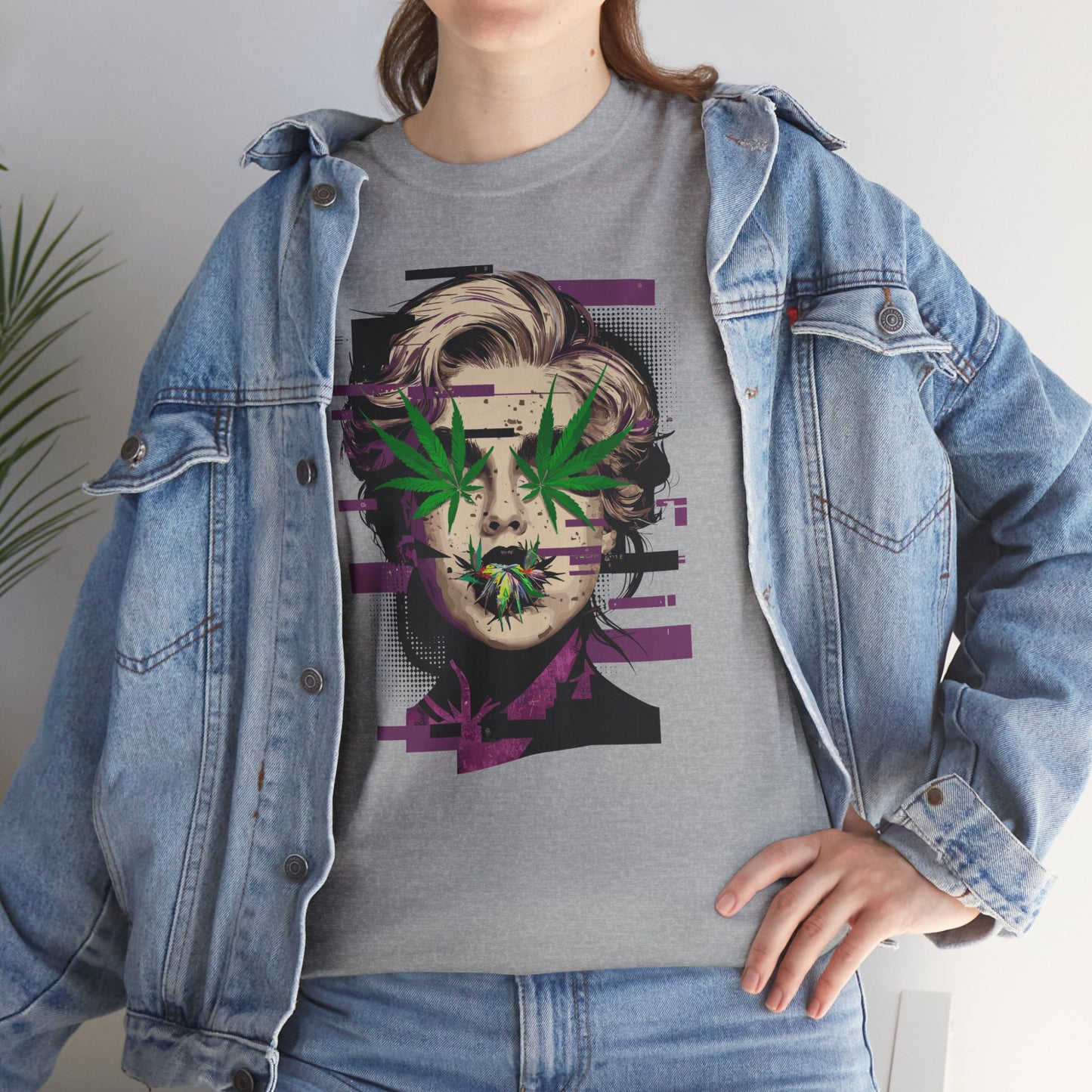 Vintage Portrait Tee — Glitch Art Face with Cannabis Leaf Mask