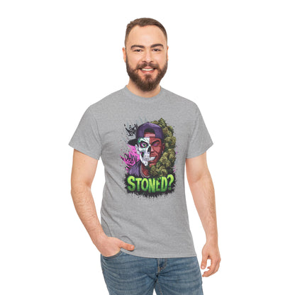 T-Shirt — 'Stoned?' Skull Face Graphic Tee for Cannabis Lovers
