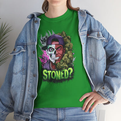 T-Shirt — 'Stoned?' Skull Face Graphic Tee for Cannabis Lovers