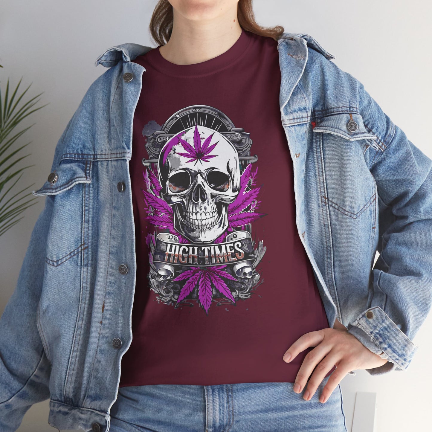 Skull & Purple Cannabis Leaf Tee - "High Times" Graphic T-Shirt