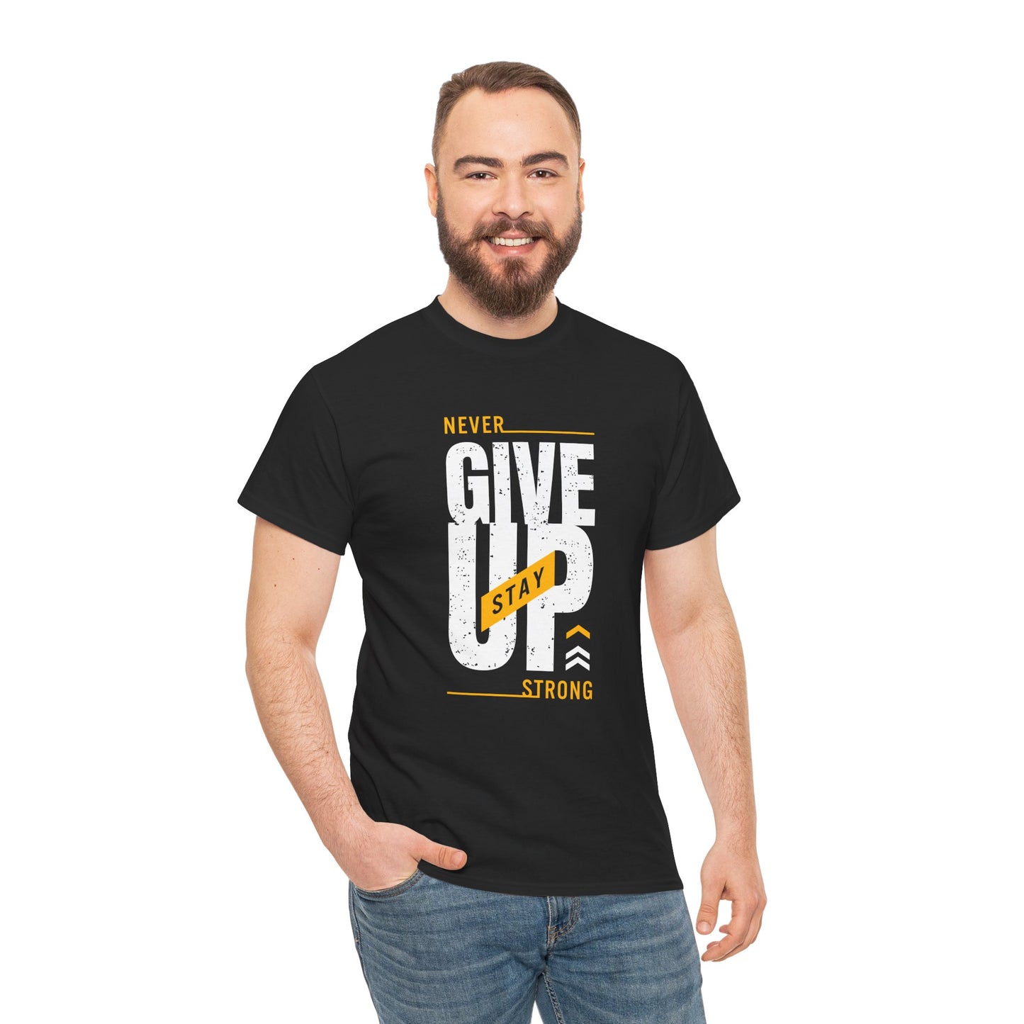 Motivational Unisex Heavy Cotton Tee - "Never Give Up, Stay Strong"