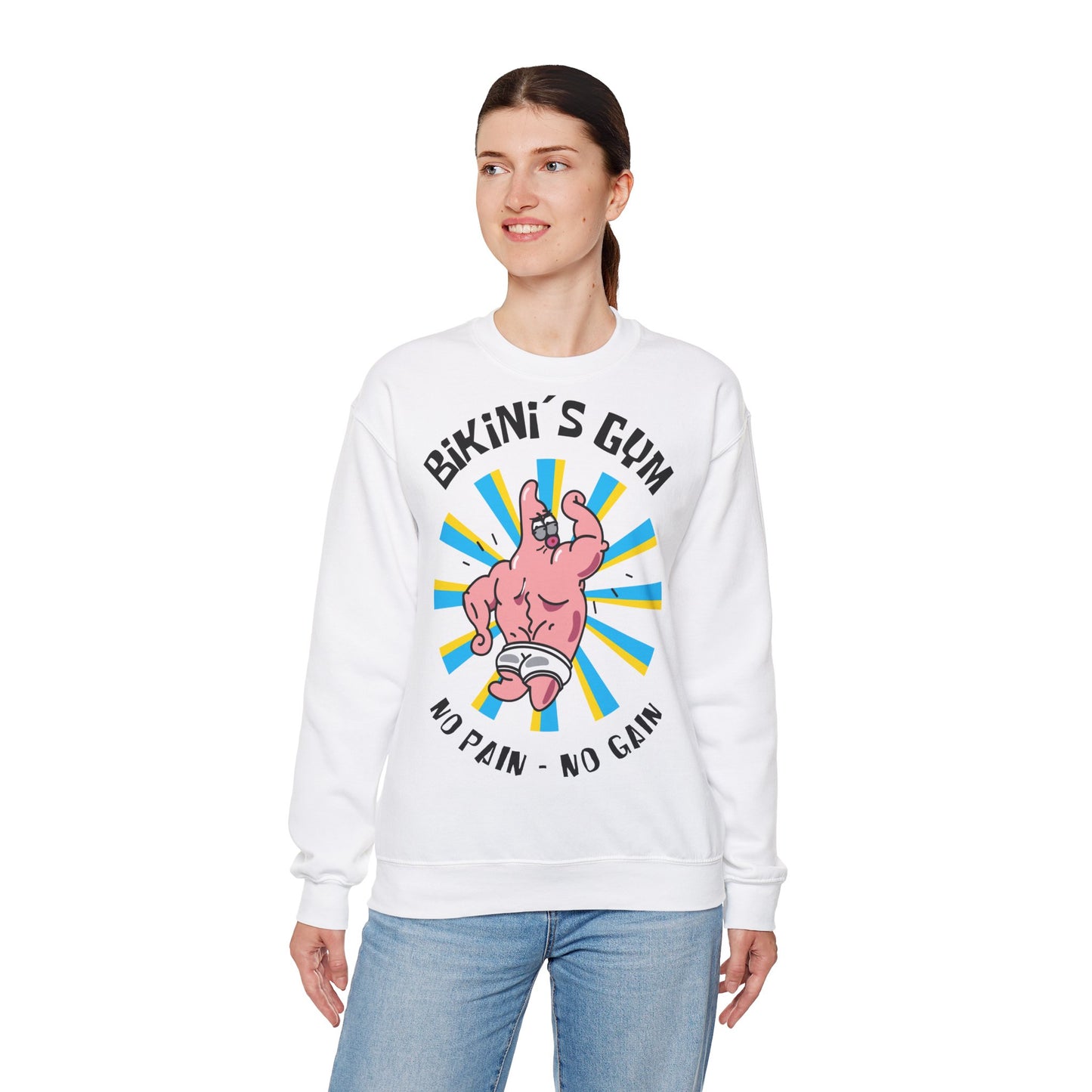 Funny Fitness Unisex Heavy Blend™ Crewneck Sweatshirt - 'Bikini's Gym - No Pain No Gain' White