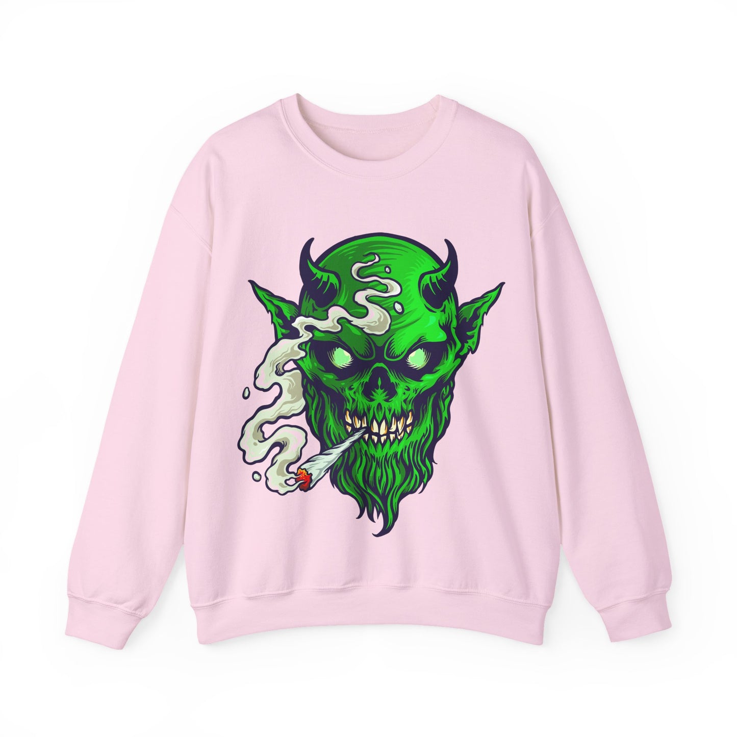 Smoking Green Demon Skull Sweatshirt — Creepy Stoner Graphic