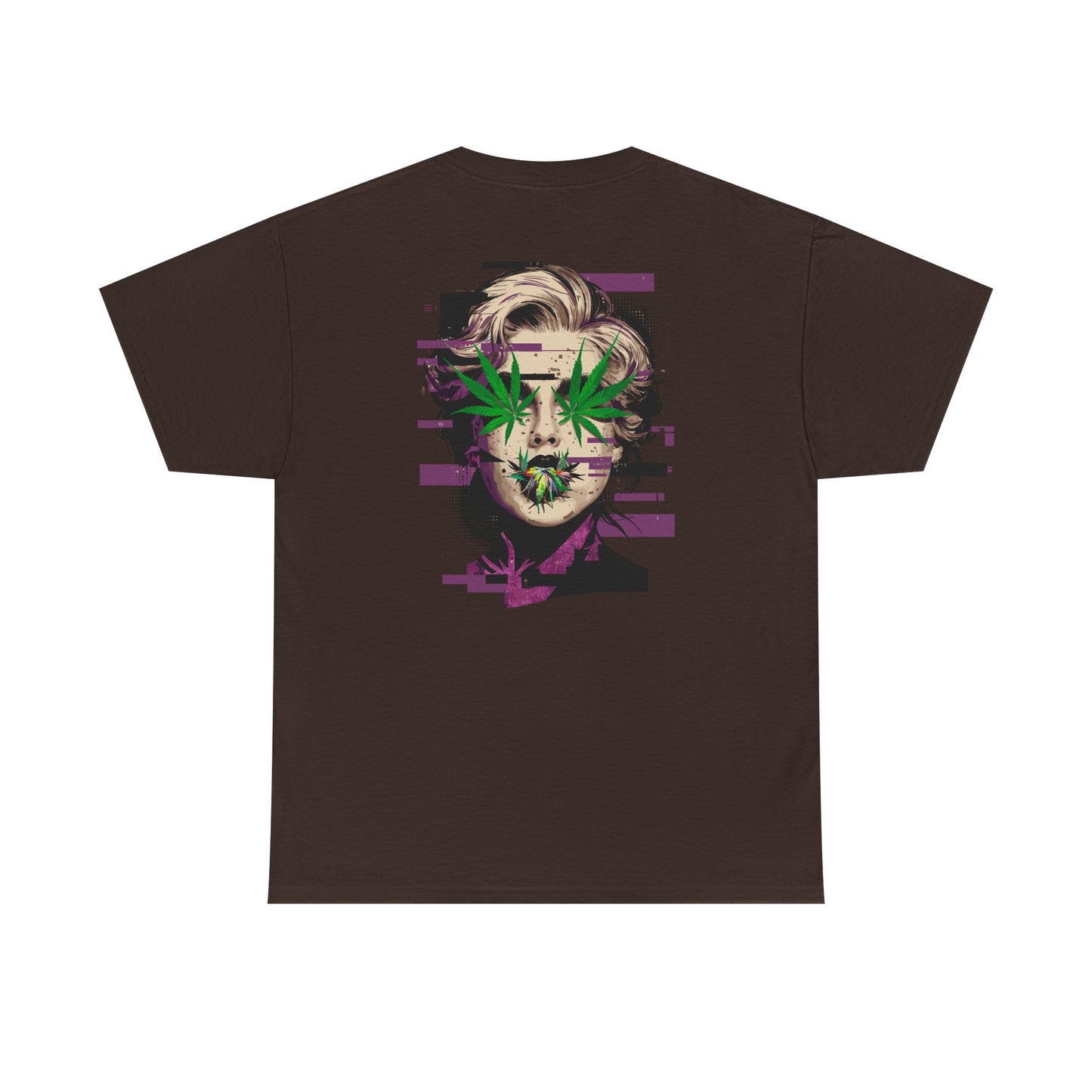 Vintage Portrait Tee — Glitch Art Face with Cannabis Leaf Mask