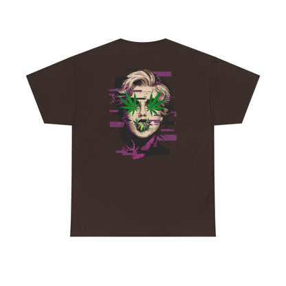Vintage Portrait Tee — Glitch Art Face with Cannabis Leaf Mask