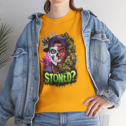 T-Shirt — 'Stoned?' Skull Face Graphic Tee for Cannabis Lovers
