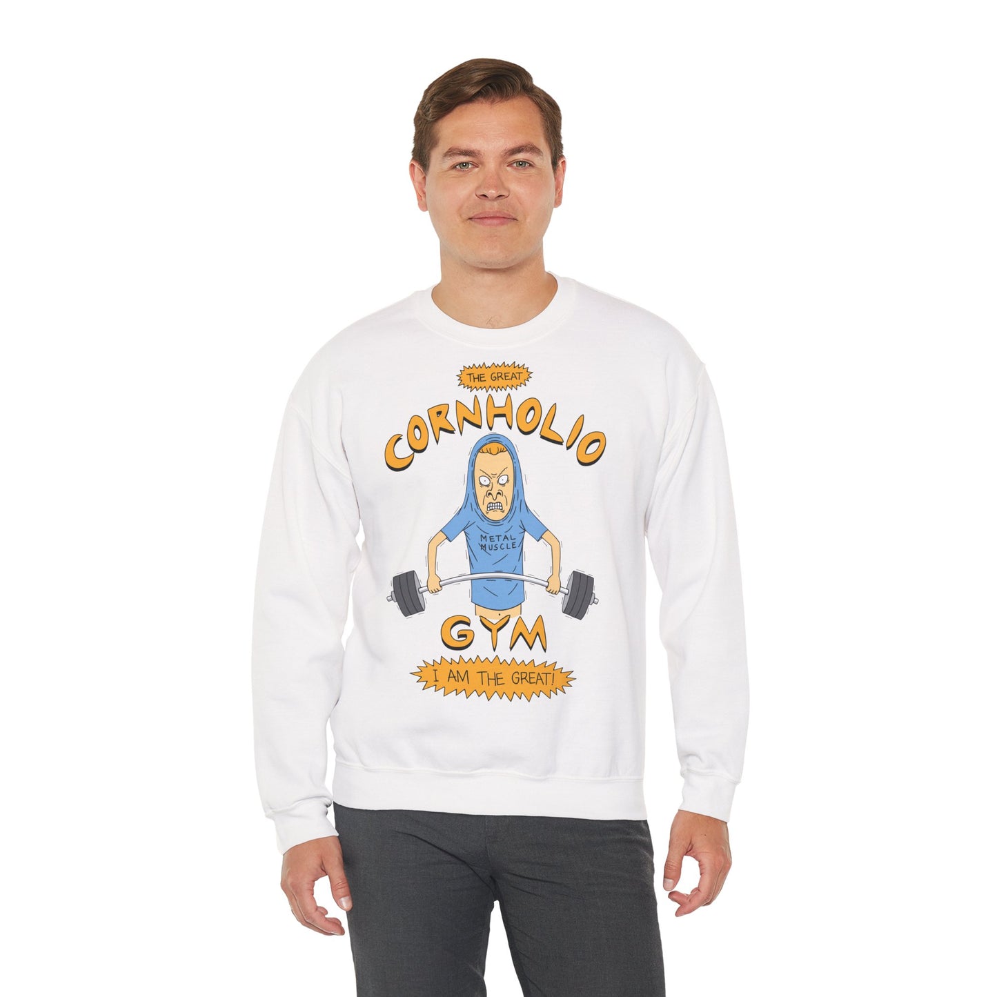 Unisex Crewneck Sweatshirt - Funny Cornholio Gym Design - Perfect for Workouts & Casual Wear White