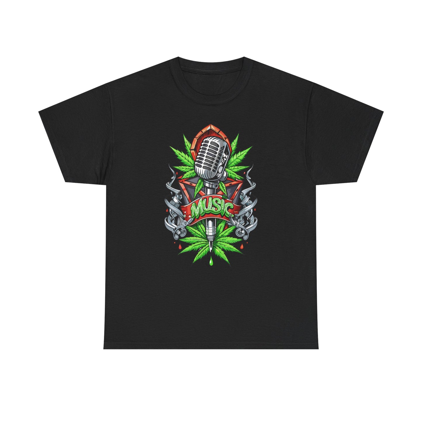 Music Microphone Tee — Retro Mic & Leaf Graphic T-Shirt