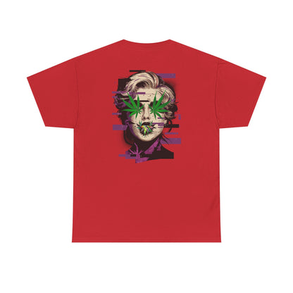 Vintage Portrait Tee — Glitch Art Face with Cannabis Leaf Mask