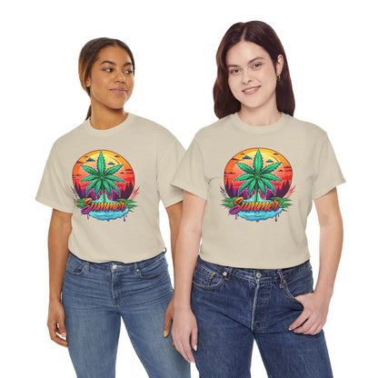 Summer Cannabis Leaf T-Shirt – Retro Tropical Sunset Tee Both