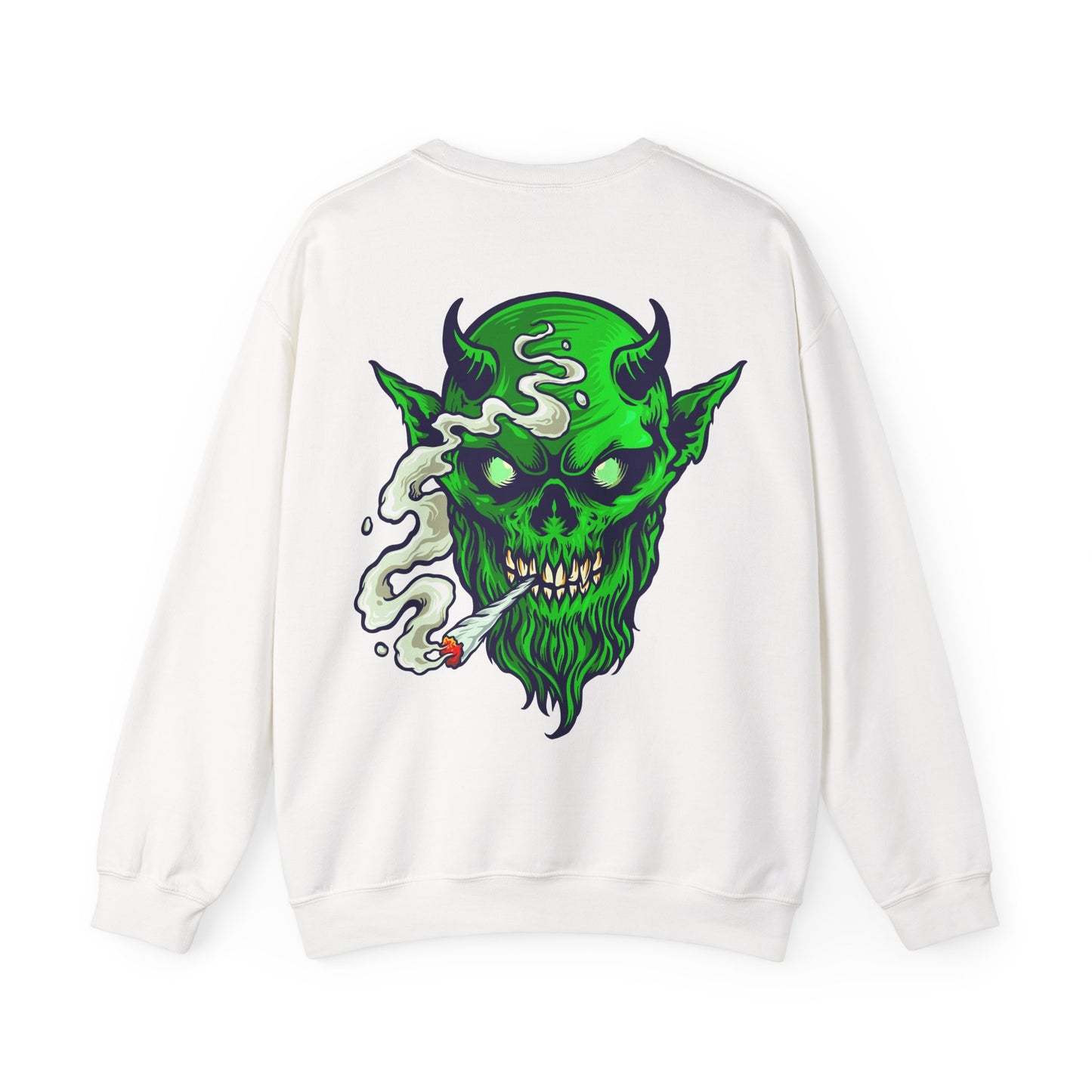 Smoking Green Demon Skull Sweatshirt — Creepy Stoner Graphic